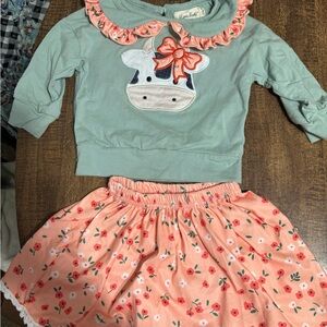 Marie Nicole Floral Cow Peach Outfit Toddler Size 12/18 Months